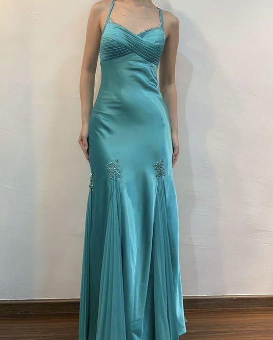 Vintage Türkis Satin Chiffon Meerjungfrau Lange Ballkleider für Party ED02281