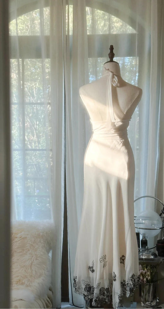 Sanfte weiße Spaghettiträger Meerjungfrau Chiffon Spitze Ballkleider Elegante Partykleider ED02285