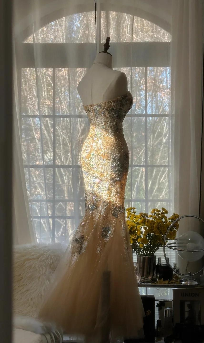 Wunderschönes leichtes Champagner-Tüll-Meerjungfrauen-Abschlussballkleid mit herzförmigem Ausschnitt und Pailletten, langes elegantes Partykleid ED02286