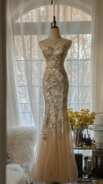 Wunderschönes leichtes Champagner-Tüll-Meerjungfrauen-Abschlussballkleid mit herzförmigem Ausschnitt und Pailletten, langes elegantes Partykleid ED02286