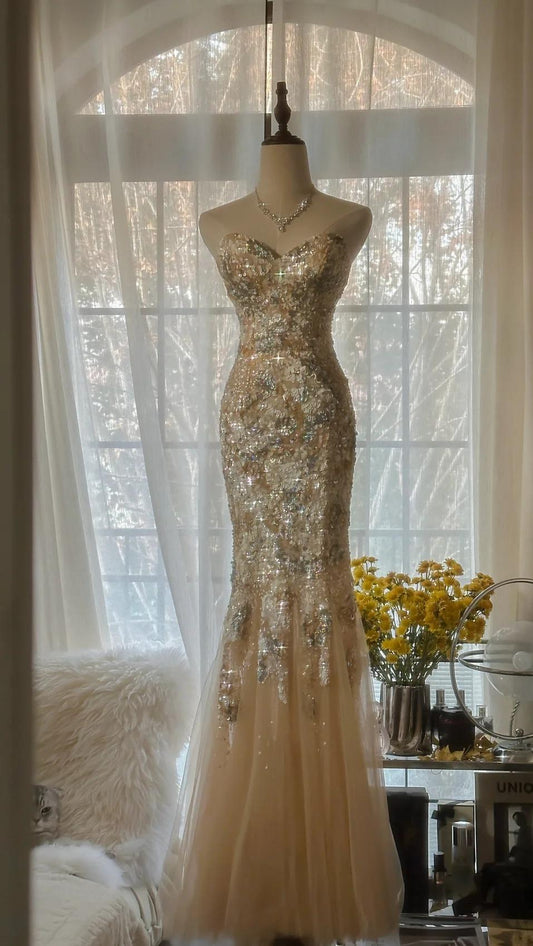 Wunderschönes leichtes Champagner-Tüll-Meerjungfrauen-Abschlussballkleid mit herzförmigem Ausschnitt und Pailletten, langes elegantes Partykleid ED02286