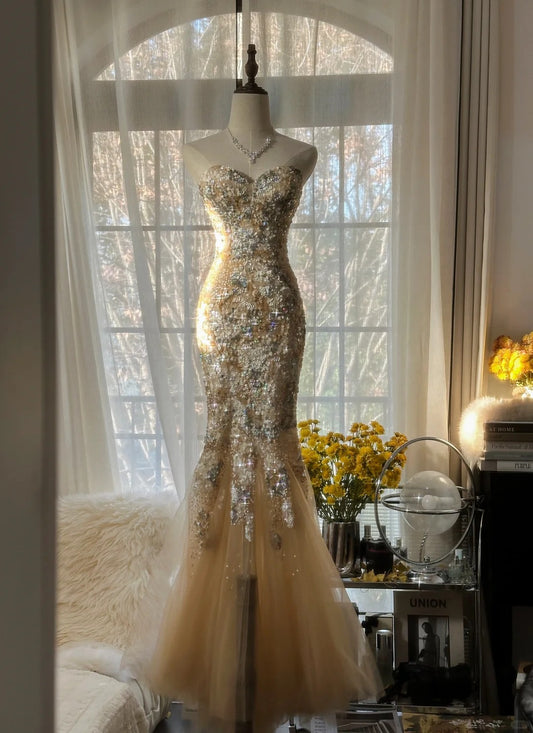 Wunderschönes leichtes Champagner-Tüll-Meerjungfrauen-Abschlussballkleid mit herzförmigem Ausschnitt und Pailletten, langes elegantes Partykleid ED02286