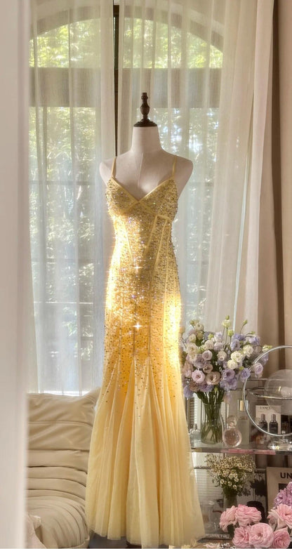 Fairytale Butter Yellow Mermaid Spaghetti Straps Tulle Sequin Long Prom Dresses Vintage Backless Evening Gowns ED02287