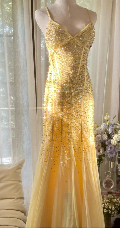 Fairytale Butter Yellow Mermaid Spaghetti Straps Tulle Sequin Long Prom Dresses Vintage Backless Evening Gowns ED02287