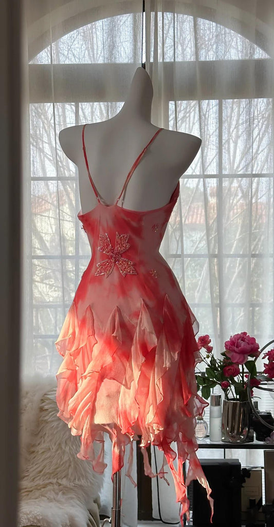 Wunderschöne Vintage Spaghettiträger Chiffon Rüschen Bodycon Kurze Ballkleider ED02288