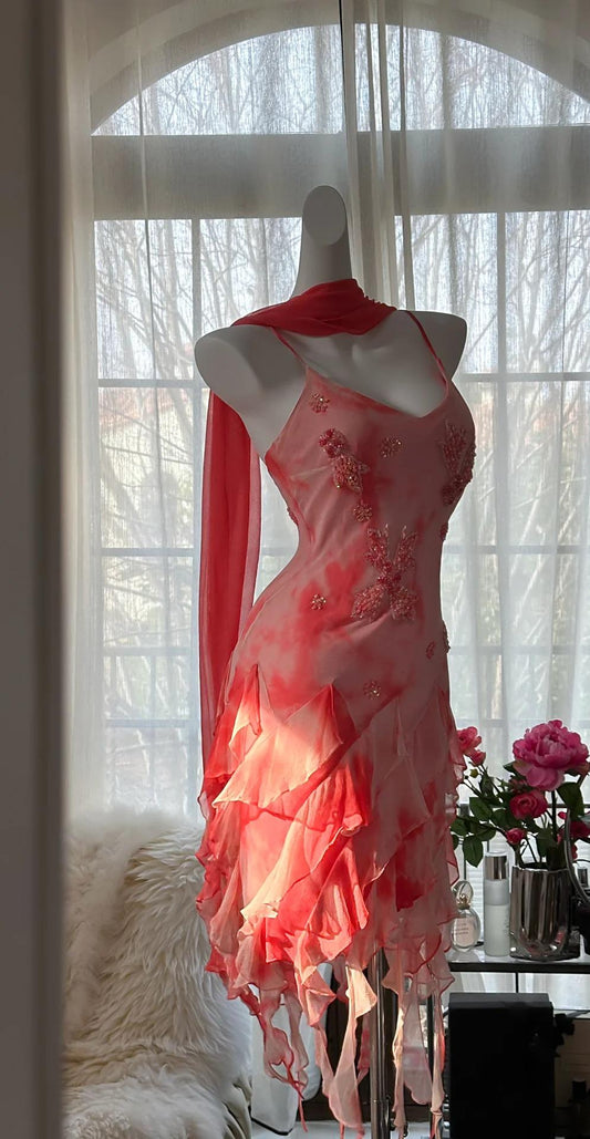 Wunderschöne Vintage Spaghettiträger Chiffon Rüschen Bodycon Kurze Ballkleider ED02288