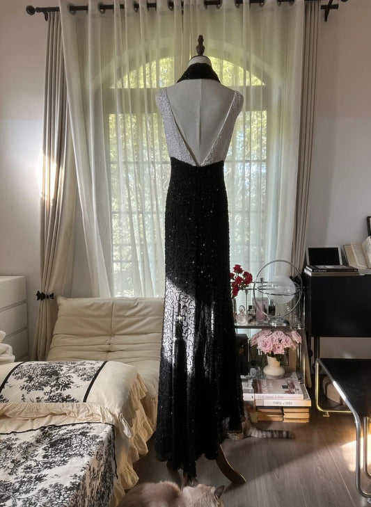 Elegante schwarz-weiße Chiffon-Ballkleider mit hoher Taille, Rundhalsausschnitt und Perlenbesatz, Vintage-Abendkleider ED02289