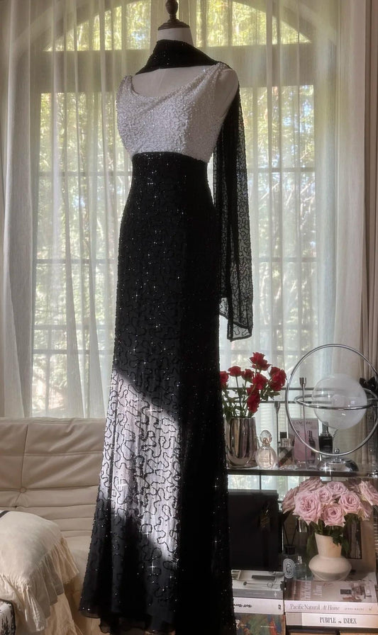 Elegante schwarz-weiße Chiffon-Ballkleider mit hoher Taille, Rundhalsausschnitt und Perlenbesatz, Vintage-Abendkleider ED02289