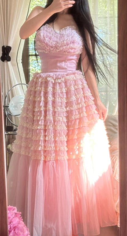 Robe de soirée trapèze en tulle rose doux, sans bretelles, à volants, pour anniversaire, ED02290