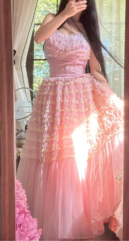 Süßes rosa Tüll-A-Linien-Kleid mit trägerlosem Abschlussballkleid, formelle Abendkleider, ED02290