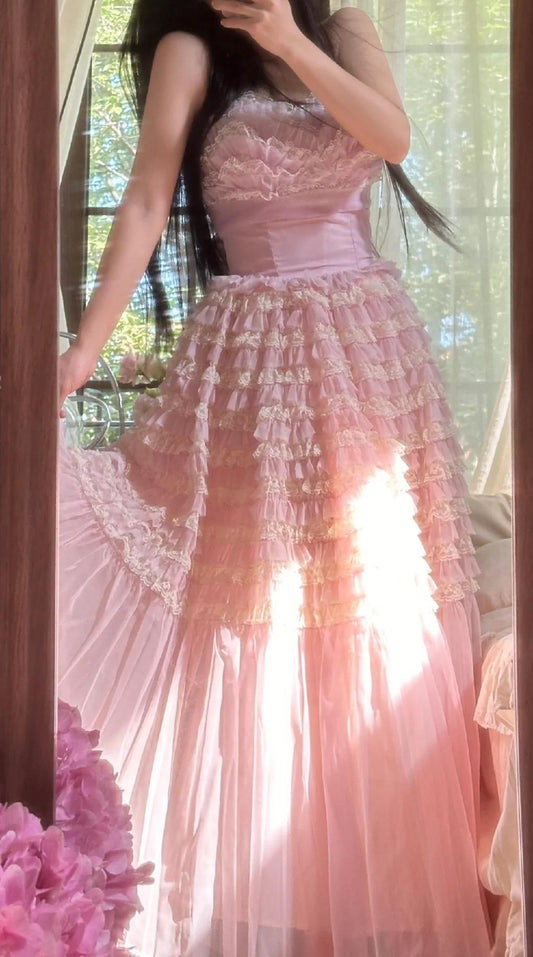 Süßes rosa Tüll-A-Linien-Kleid mit trägerlosem Abschlussballkleid, formelle Abendkleider, ED02290
