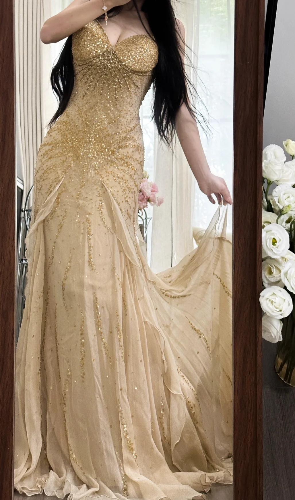 Superbe robe de bal sirène en mousseline de soie à bretelles spaghetti et perles, robe de soirée vintage ED02293