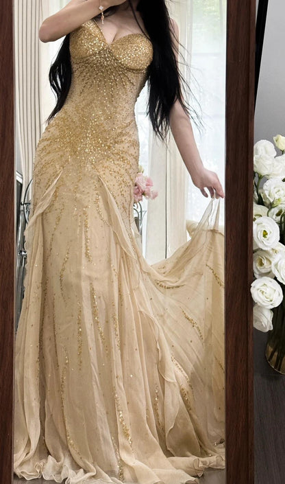 Superbe robe de bal sirène en mousseline de soie à bretelles spaghetti et perles, robe de soirée vintage ED02293
