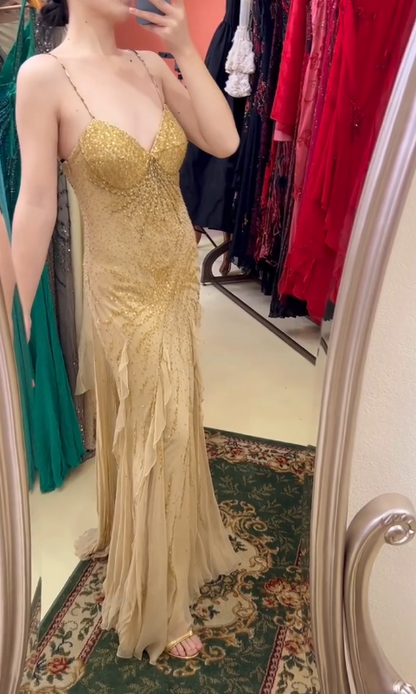 Superbe robe de bal sirène en mousseline de soie à bretelles spaghetti et perles, robe de soirée vintage ED02293