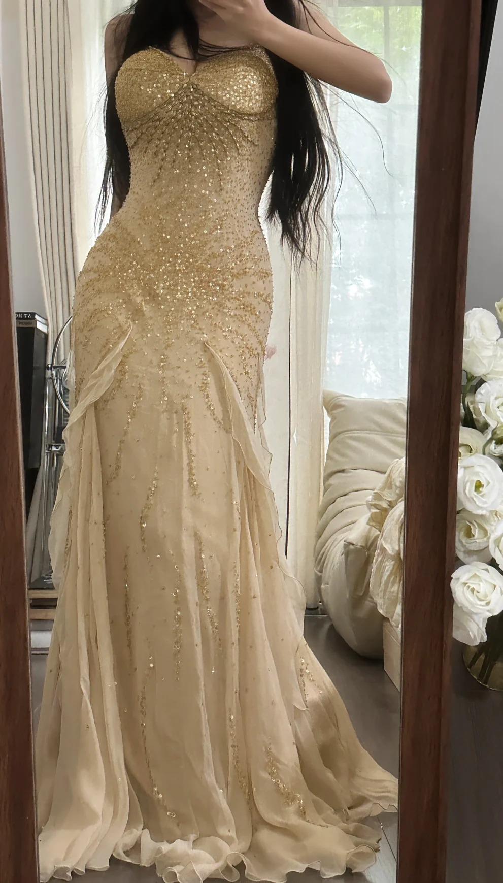 Superbe robe de bal sirène en mousseline de soie à bretelles spaghetti et perles, robe de soirée vintage ED02293
