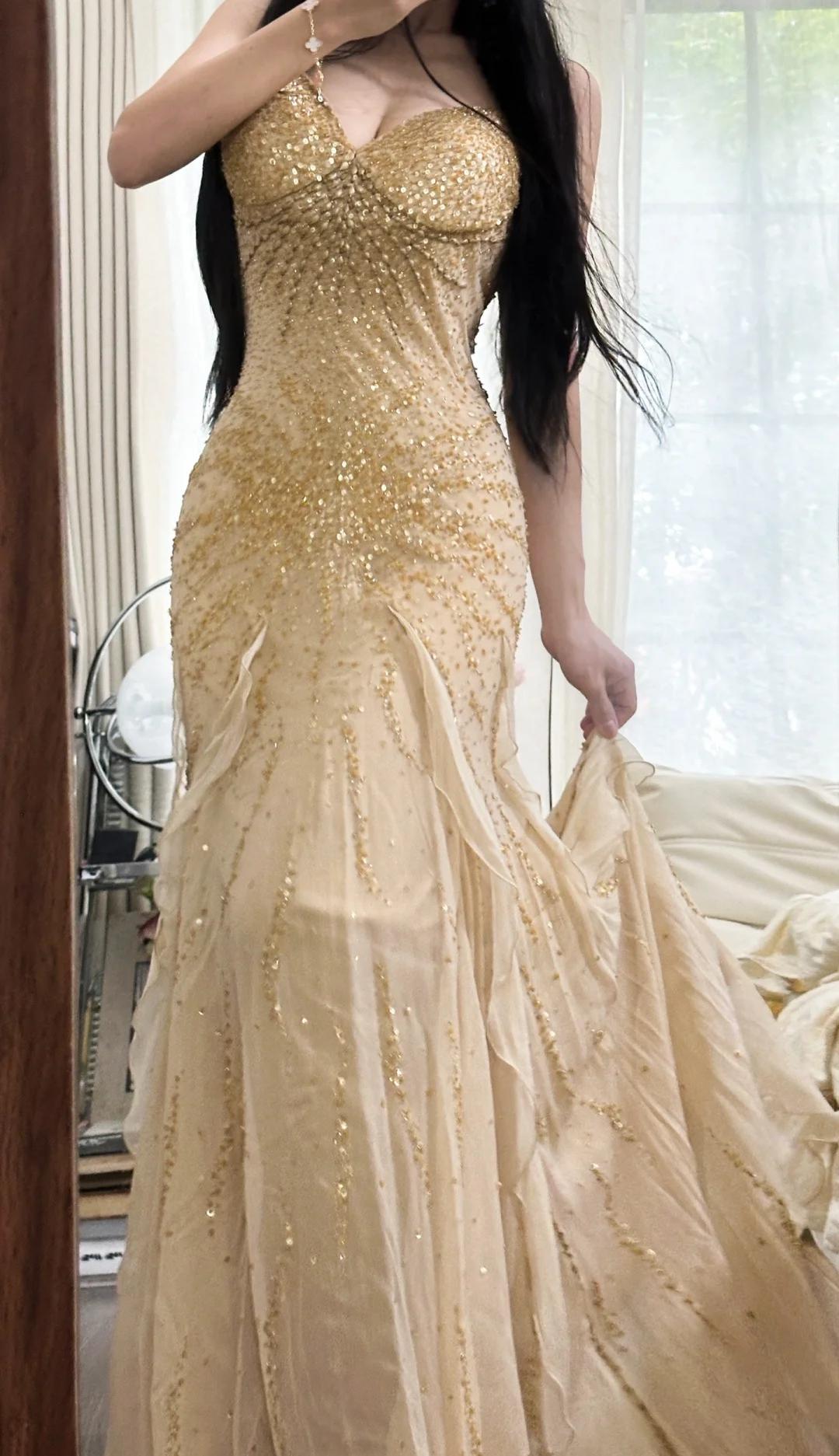 Superbe robe de bal sirène en mousseline de soie à bretelles spaghetti et perles, robe de soirée vintage ED02293