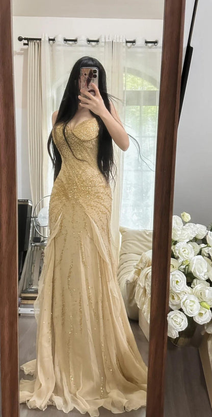 Superbe robe de bal sirène en mousseline de soie à bretelles spaghetti et perles, robe de soirée vintage ED02293