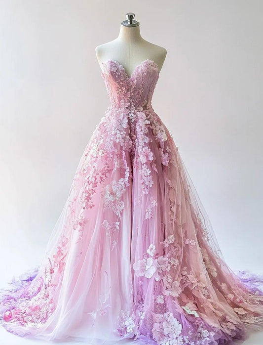Robe de bal longue en tulle, coupe trapèze, dégradé rose violet, décolleté en cœur, avec appliques, robe de mariée unique ED02294