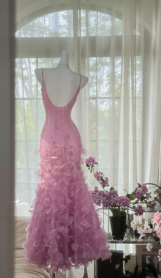 Märchenhaftes rosa-lila Spaghettiträger Satin Perlen verziert Langes Ballkleid Retro Rückenfreies Abendkleid ED02296