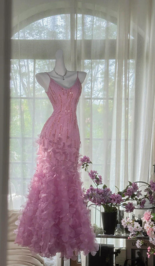 Märchenhaftes rosa-lila Spaghettiträger Satin Perlen verziert Langes Ballkleid Retro Rückenfreies Abendkleid ED02296