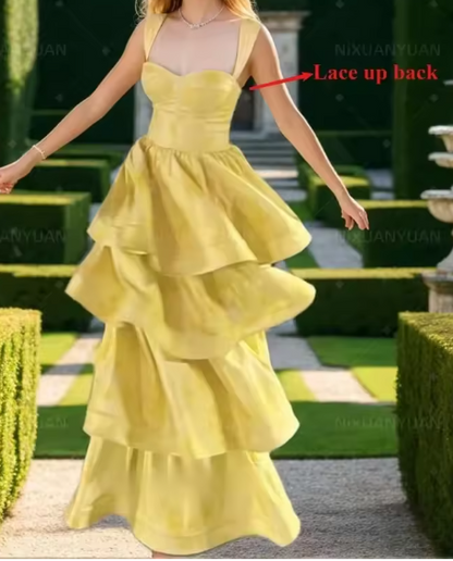 Sweet Butter Yellow Sweetheart Neck A-Line Jacquard Satin Layered Long Prom Dresses Formal Evening Dress ED02298