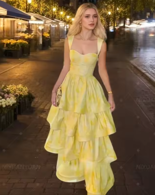 Sweet Butter Yellow Sweetheart Neck A-Line Jacquard Satin Layered Long Prom Dresses Formal Evening Dress ED02298