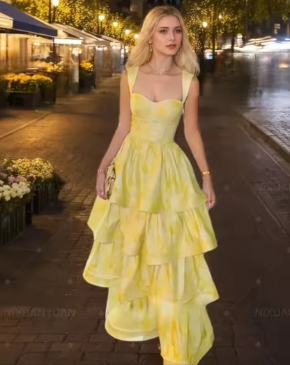 Sweet Butter Yellow Sweetheart Neck A-Line Jacquard Satin Layered Long Prom Dresses Formal Evening Dress ED02298