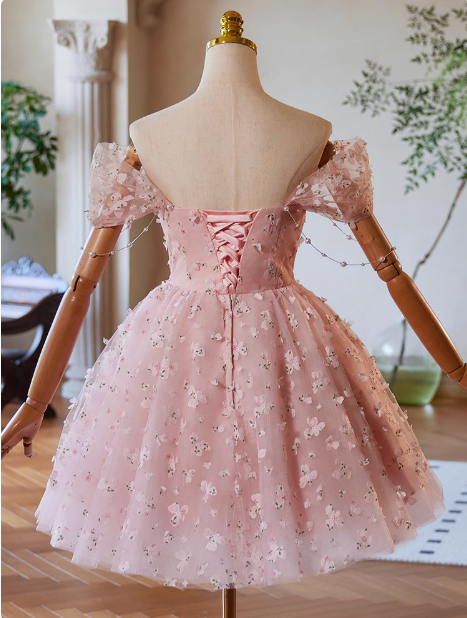 A-Line Off Shoulder Tulle Lace Pink Short Prom Dress, Pink Homecoming Dress ED023