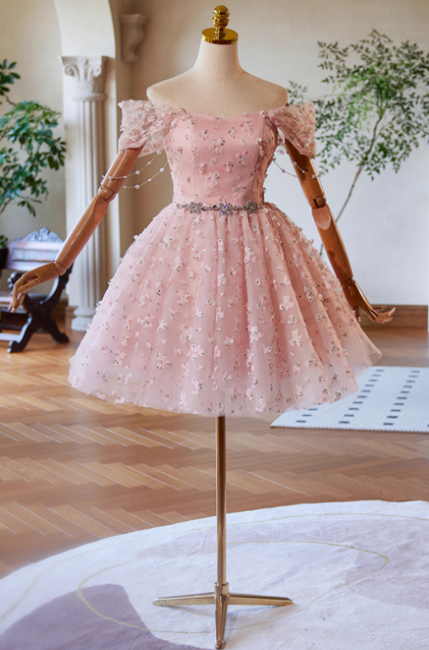 A-Line Off Shoulder Tulle Lace Pink Short Prom Dress, Pink Homecoming Dress ED023