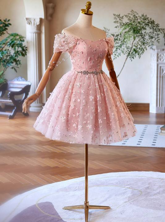 A-Line Off Shoulder Tulle Lace Pink Short Prom Dress, Pink Homecoming Dress ED023