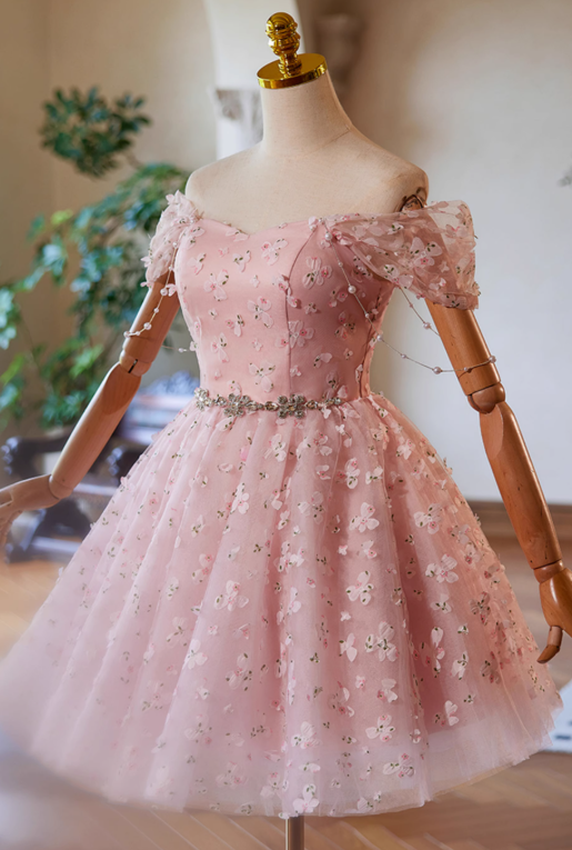 A-Line Off Shoulder Tulle Lace Pink Short Prom Dress, Pink Homecoming Dress ED023