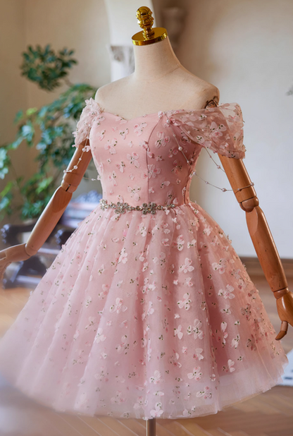 A-Line Off Shoulder Tulle Lace Pink Short Prom Dress, Pink Homecoming Dress ED023