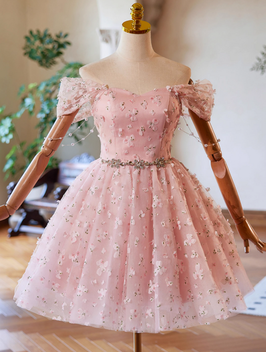 A-Line Off Shoulder Tulle Lace Pink Short Prom Dress, Pink Homecoming Dress ED023