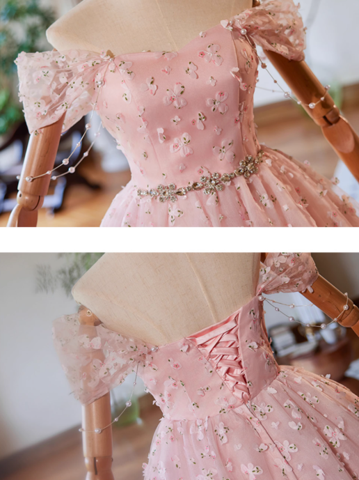 A-Line Off Shoulder Tulle Lace Pink Short Prom Dress, Pink Homecoming Dress ED023