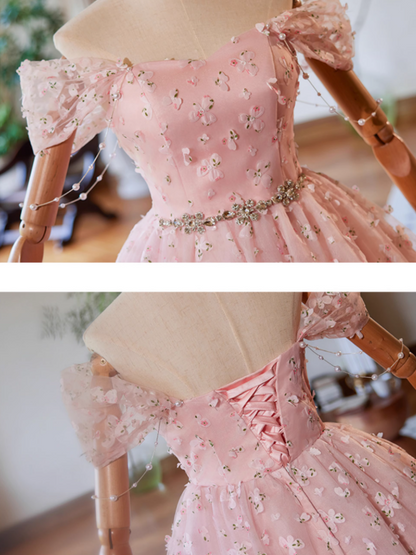 A-Line Off Shoulder Tulle Lace Pink Short Prom Dress, Pink Homecoming Dress ED023