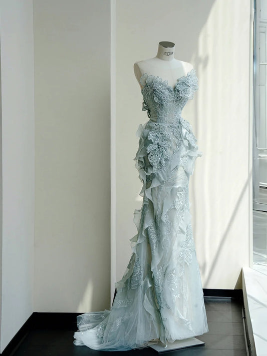 Robe de mariée sirène en tulle et paillettes, col en cœur, élégante, longue, broderie exquise, traîne appliquée, ED02301