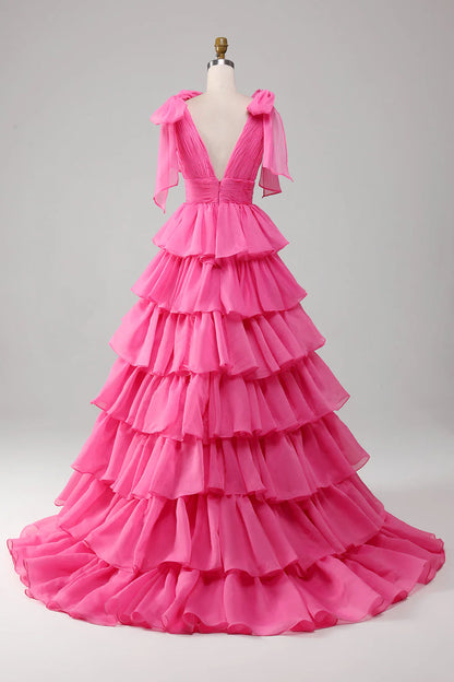 Gorgeous Gold V-neck Glitter Satin Layered A-Line Prom Dresses Sweet Formal Evening Dress  ED02302