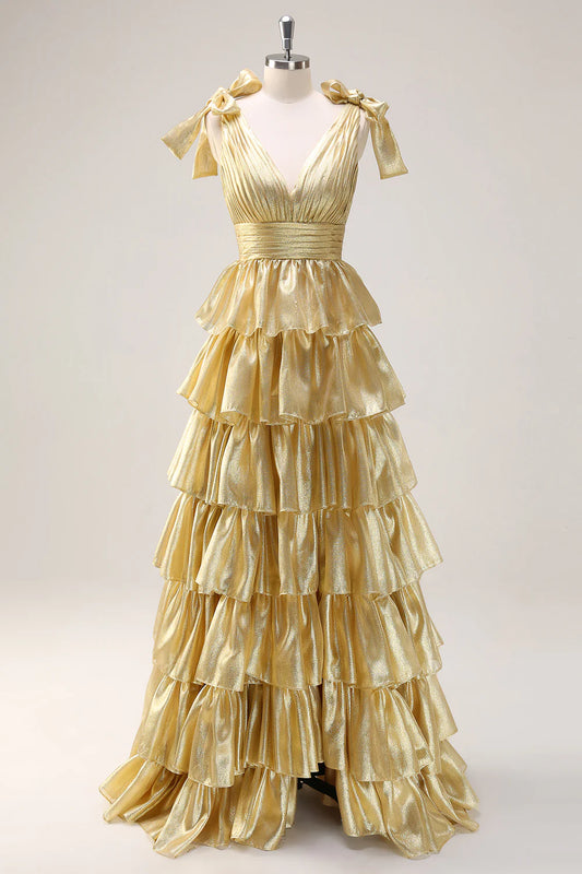 Wunderschönes goldenes Ballkleid mit V-Ausschnitt, Glitzer-Satin und mehreren Lagen in A-Linie, süßes formelles Abendkleid ED02302
