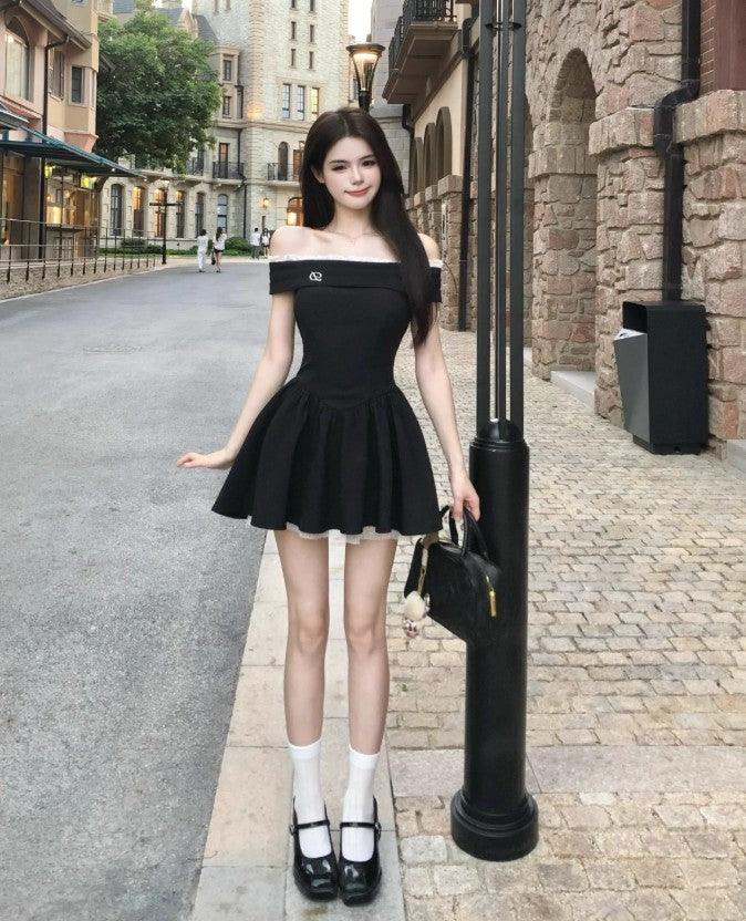 Robe noire à épaules dénudées de style français, jupe courte d'été ED02306