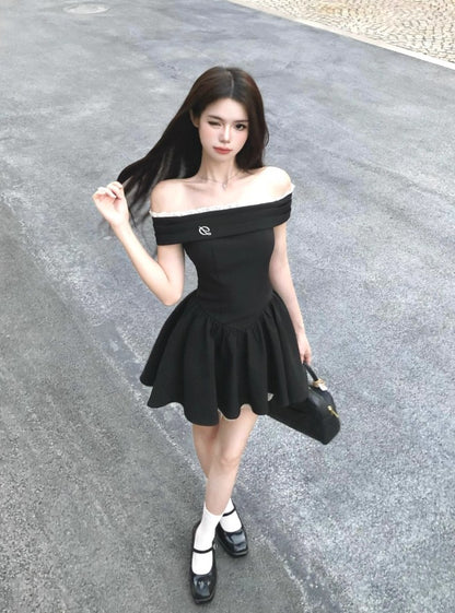 Robe noire à épaules dénudées de style français, jupe courte d'été ED02306