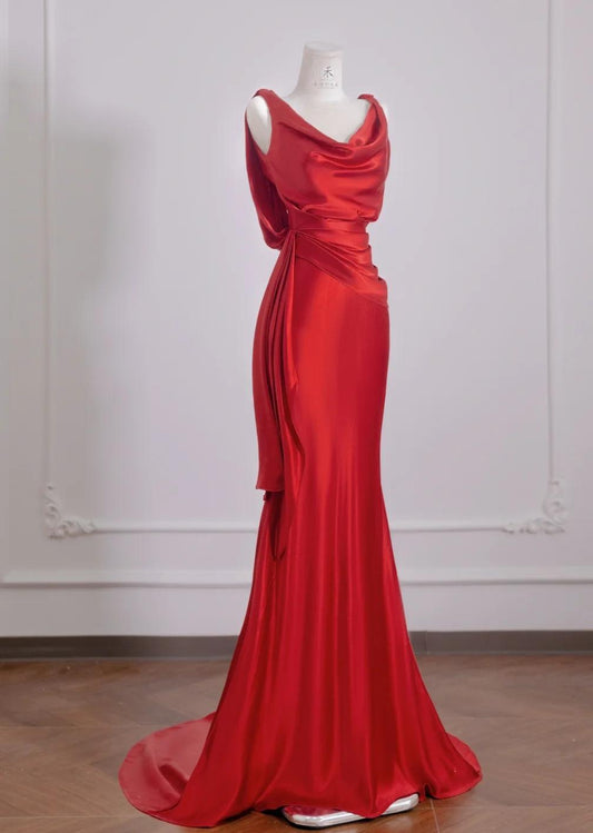 Robe de soirée longue en satin rouge style sirène, dos nu, élégante, ED02309