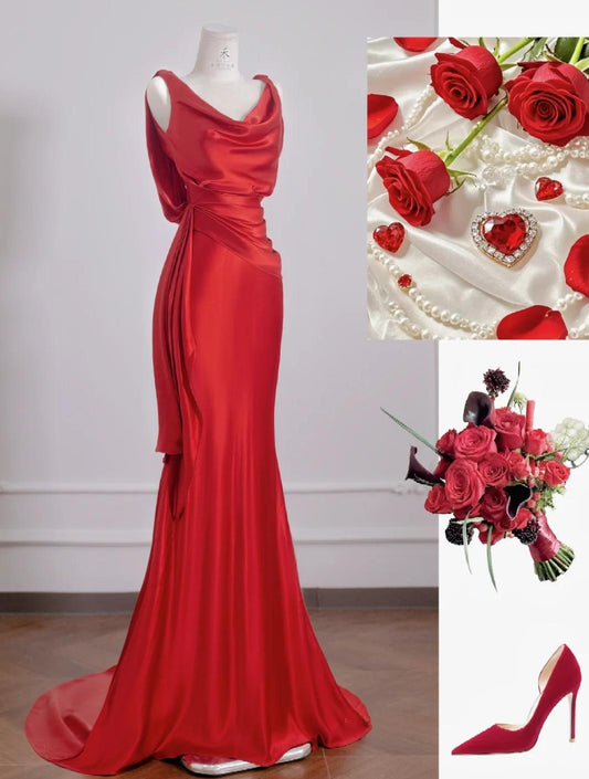 Robe de soirée longue en satin rouge style sirène, dos nu, élégante, ED02309