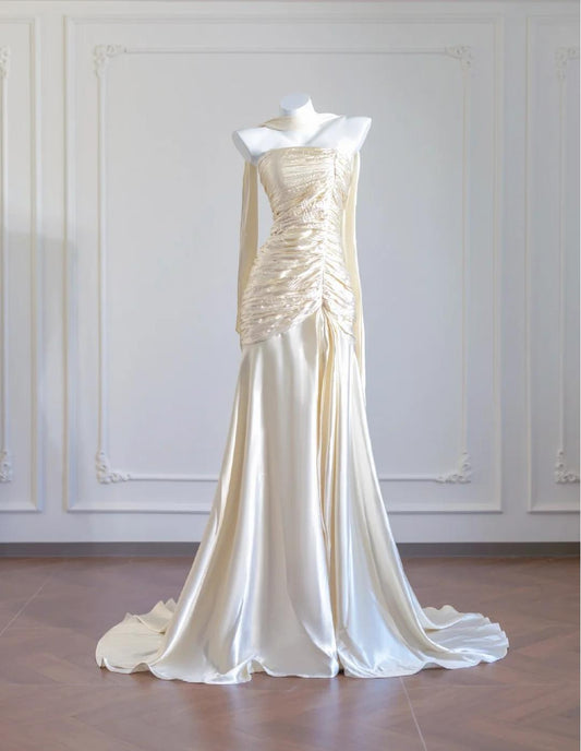 Gorgeous Champagne Spaghetti Straps Mermaid Long Prom Dresses Sweet 16 Dress ED02310