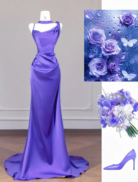 Elegant Purple Strap Mermaid Satin Backless Long Prom Dresses Formal Evening Gowns ED02311