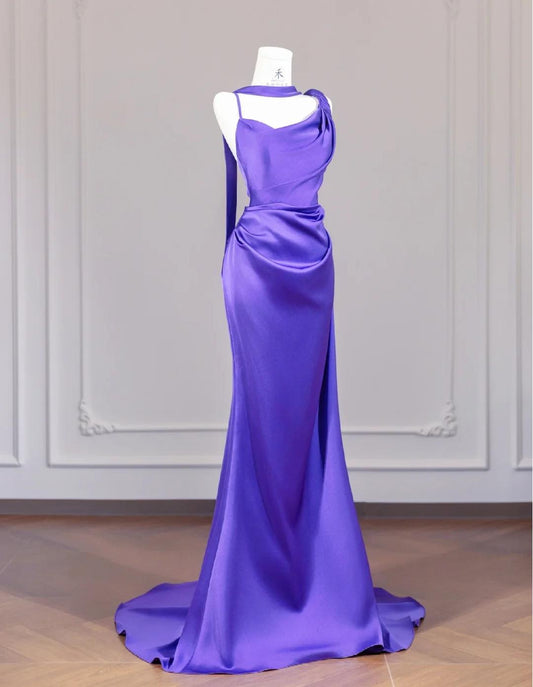 Elegant Purple Strap Mermaid Satin Backless Long Prom Dresses Formal Evening Gowns ED02311