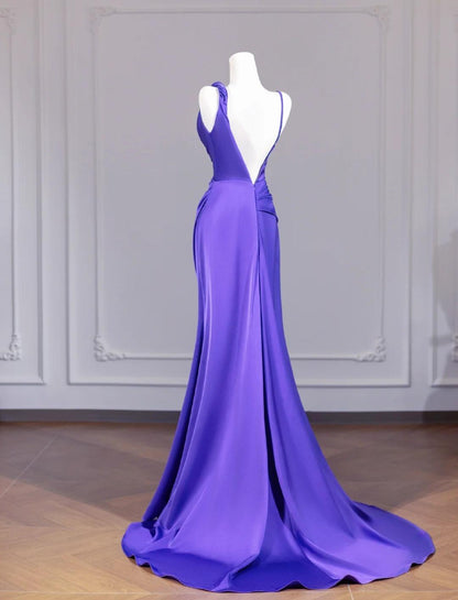 Elegante Lila Strap Meerjungfrau Satin Rückenfreies Langes Ballkleid Formale Abendkleider ED02311