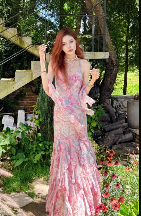 Fairytale Pink Spaghetti Straps Printed Chiffon Mermaid Prom Dresses  Vintage Backless Evening Gowns ED02320