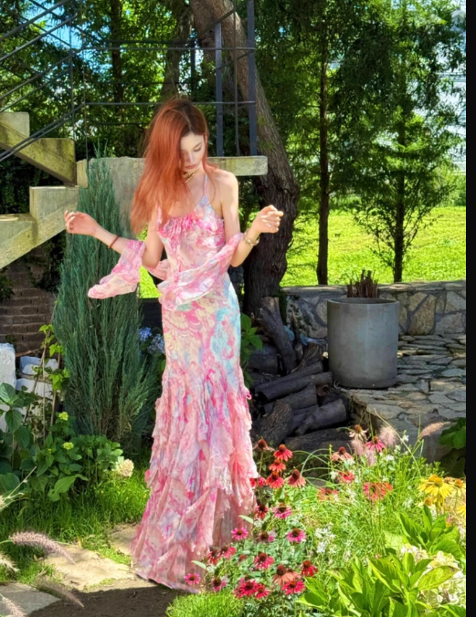 Fairytale Pink Spaghetti Straps Printed Chiffon Mermaid Prom Dresses  Vintage Backless Evening Gowns ED02320