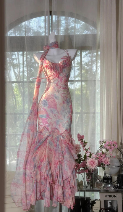 Märchenhafte rosa Spaghettiträger bedrucktes Chiffon Meerjungfrau Ballkleider Vintage rückenfreie Abendkleider ED02320