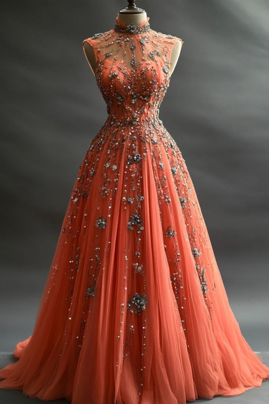 Superbe robe de bal trapèze longue en tulle, couleur pêche foncée, col montant, strass, robe de mariée formelle ED02329